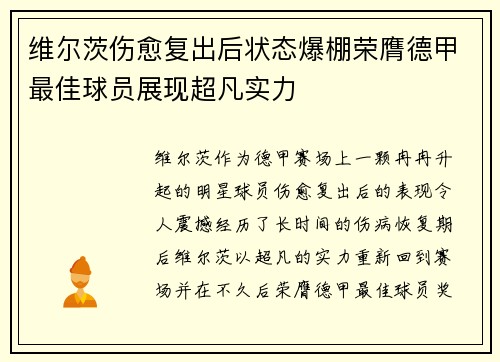 维尔茨伤愈复出后状态爆棚荣膺德甲最佳球员展现超凡实力 维尔茨伤愈复出后状态爆棚荣膺德甲最佳球员展现超凡实力